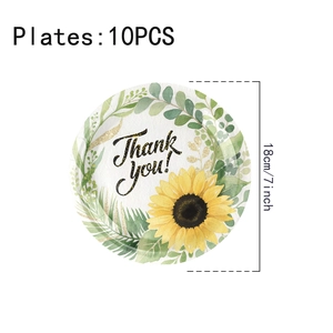 Detail of 7-inch sunflower paper plates with Thank You text for Thanksgiving party decor