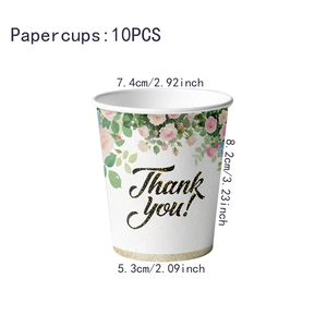 Detailed view of 10-piece Thanksgiving floral paper cups with 'Thank You' text and dimensions