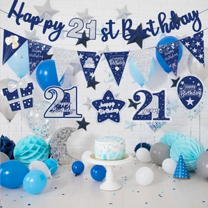Navy blue and silver 21st birthday party banner set with hanging swirls and bunting flags
