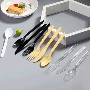 Thickened long-handle disposable plastic cutlery set in black, beige, and clear finishes