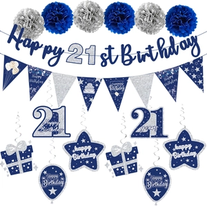 Detail of 21st birthday navy blue and silver party decorations with glitter banners