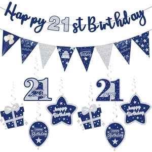 Navy blue and silver glitter 21st birthday banner set with hanging swirls and pennants