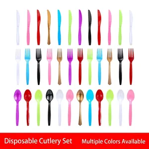 Colorful disposable plastic cutlery set including 10 pieces per pack knives forks and spoons