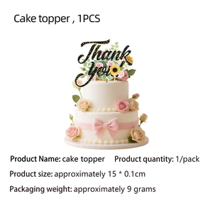 Floral cake topper with Thank You text and sunflower design on a pink rose cake