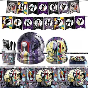 Detailed set of The Nightmare Before Christmas party plates, cups, and birthday banner