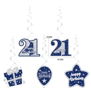Detail of 21st birthday navy blue hanging swirls with glitter stars and balloon decor