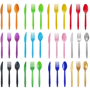 Detailed view of colorful disposable plastic cutlery sets with textured non-slip handles