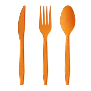 Close-up of bright orange thick disposable cutlery set with textured diamond pattern