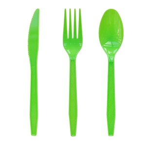 Detail of bright green disposable cutlery set with non-slip diamond pattern handles