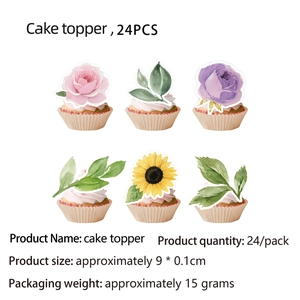 Floral watercolor cupcake toppers featuring roses and sunflowers in a set of 24 pieces