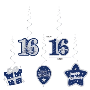 Detail of navy blue 16th birthday hanging swirls with silver glitter accents and dimensions
