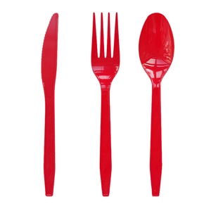Detail of red disposable plastic cutlery set with diamond textured non-slip handles