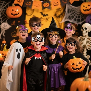 Kids wearing Halloween theme novelty glasses including bat and pumpkin styles
