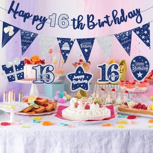 Navy blue and silver Happy 16th Birthday banner with hanging swirls for party decoration