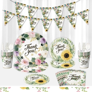 Thanksgiving Floral Disposable Tableware Set Sunflower Rose Printed Plates Napkins Cups Banners For Autumn Party Decoration