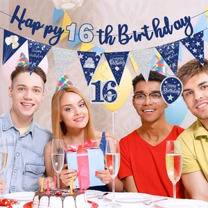 Detail of blue and silver 16th birthday party decoration kit with banners and balloons