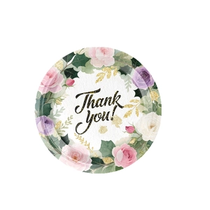 Floral Thanksgiving paper plate with Thank You text and pink roses for party table decor