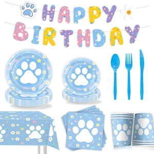 Detailed blue puppy paw print birthday party tableware set with banner and plates