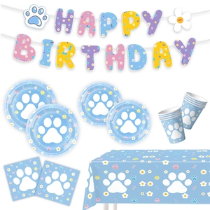 Detailed set of paw print birthday party supplies including plates, cups and banner