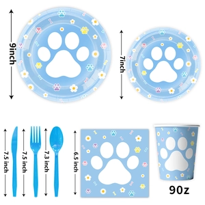 Blue dog paw print party tableware set including paper plates, napkins, cups and cutlery