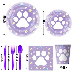Detailed size guide for purple dog paw party tableware including plates, cups and napkins