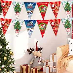 Christmas triangular bunting flags with Santa and snowman patterns for festive wall decor