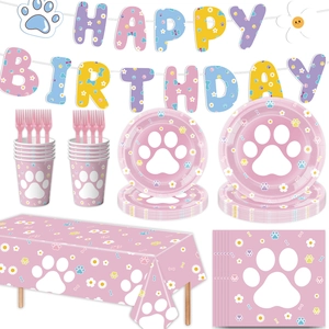 Pink dog paw themed disposable party tableware set with happy birthday banner and napkins