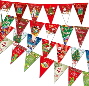 Close-up of Merry Christmas paper bunting featuring Santa, snowman, and reindeer patterns