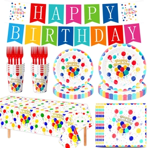 Colorful Happy Birthday banner and matching balloon theme party tableware set on white background