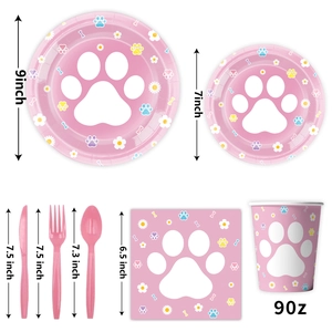 Detailed size guide of pink dog paw and daisy disposable party tableware set