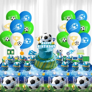 Blue soccer world cup themed birthday party decoration set with balloons and cake toppers