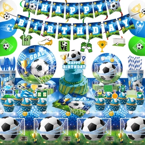 Comprehensive soccer theme birthday party set with football plates and banner decorations