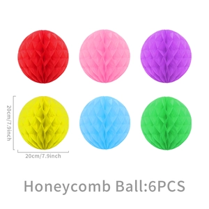 Detailed view of 6 colorful honeycomb paper balls with 20cm diameter for party decor