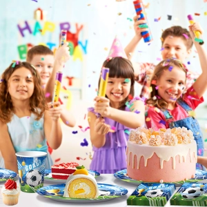 Blue football party supplies set including paper plates, cups and napkins for kids birthday