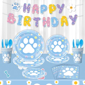 Colorful paw and daisy print party tableware set with Happy Birthday banner and plates