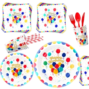 Disposable birthday tableware set with colorful balloon patterns and Happy Birthday text