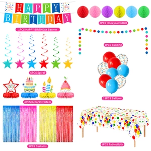 Comprehensive colorful birthday party decoration set with banners, balloons and honeycomb balls