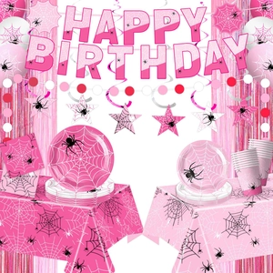 Rosa Spinnennetz Halloween Geburtstag Party Geschirr Set Pappteller Tassen Servietten Tischdecke Banner Luftballons Party Zubehör