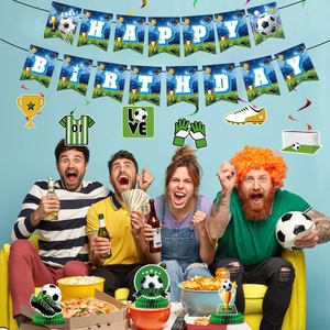 Blue football world cup birthday party decoration set with soccer banners and centerpieces