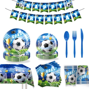 Blue football world cup theme party supplies set with paper plates and birthday banner