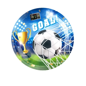 Blue football world cup theme party paper plates with goal graphic and trophy design