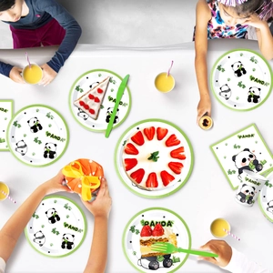 Panda theme birthday party tableware set with paper plates and cups for kids celebration
