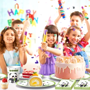 Kids birthday party setting with panda themed disposable paper plates and cups