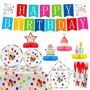 Colorful polka dot balloon birthday party set with banners, plates and decorations