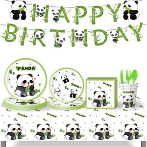 Detail of cartoon panda birthday party set with banners, plates, cups and tableware