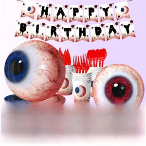 Detailed realistic eyeball theme party tableware set with Happy Birthday banner
