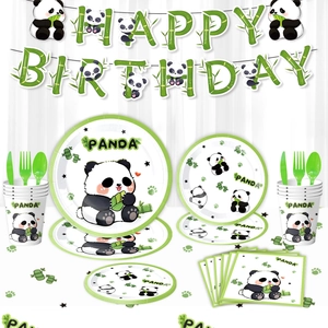 Panda Birthday Party Tableware Set Green Bamboo Paper Plates Cups Napkins Banner Tablecloth Balloons Kids Birthday Supplies