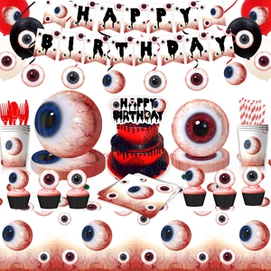 Creepy eyeball theme party set including happy birthday banners, plates, and balloons