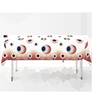 Detailed view of scary eyeball pattern tablecloth for Halloween party decorations