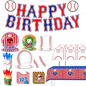 Detailliertes Baseball-Party-Set mit Happy Birthday Banner, Tellern und Bechern